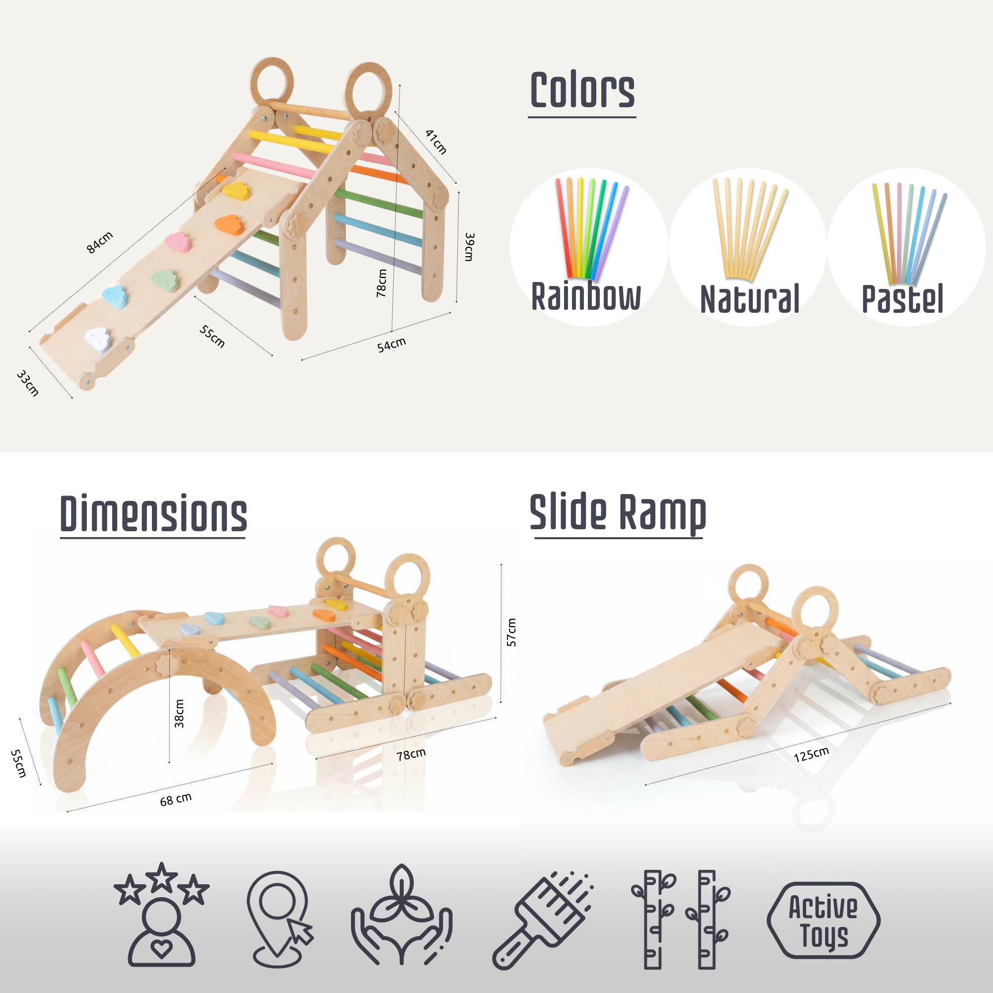 3in1 Montessori Climbing Set: Transformable Climbing Triangle, Arch, Slide Board (1–3 Years)